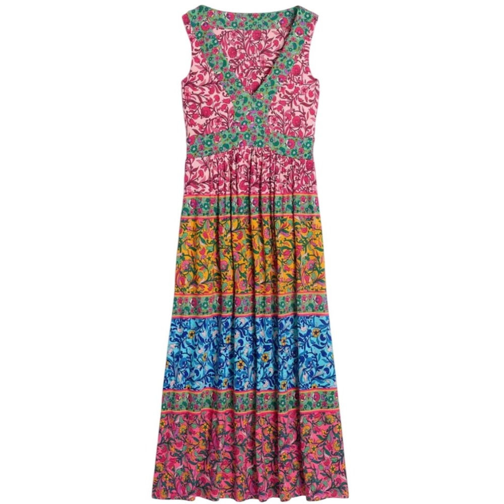 Boden Olympia Jersey Maxi Patchwork Floral Striped Dress V-Neck 8 Long Women's